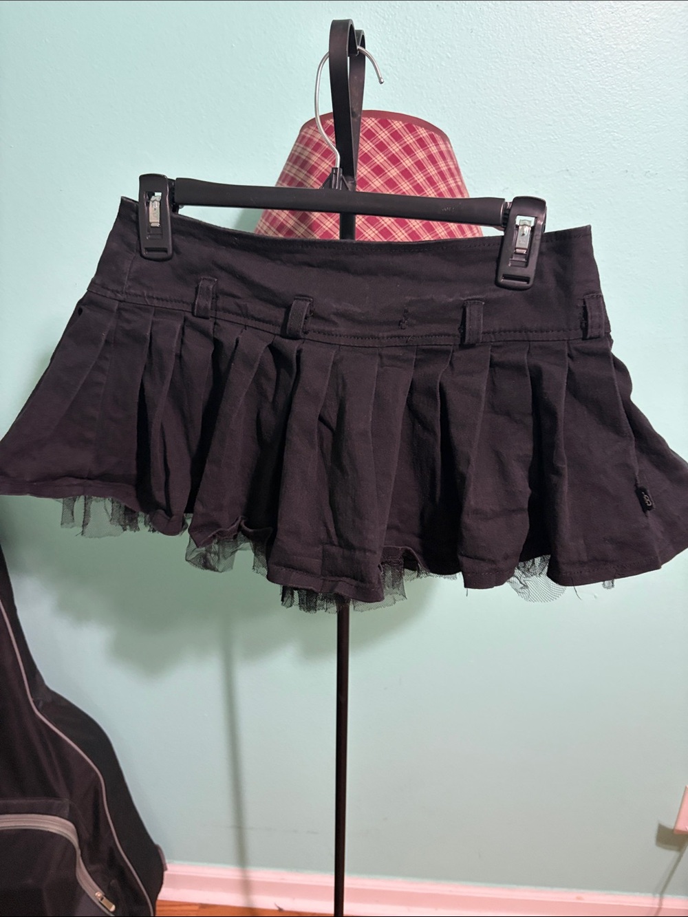 Black Pleated Mini Skirt with Tulle Trim